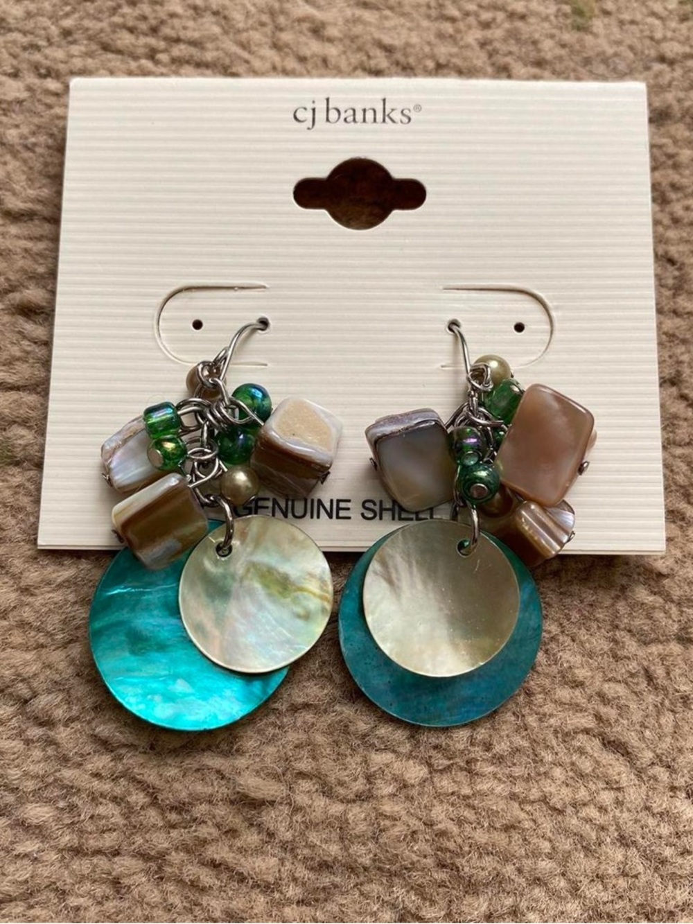 CJ Banks Teal and Natural Shell Drop Earrings with Green Bead Accents